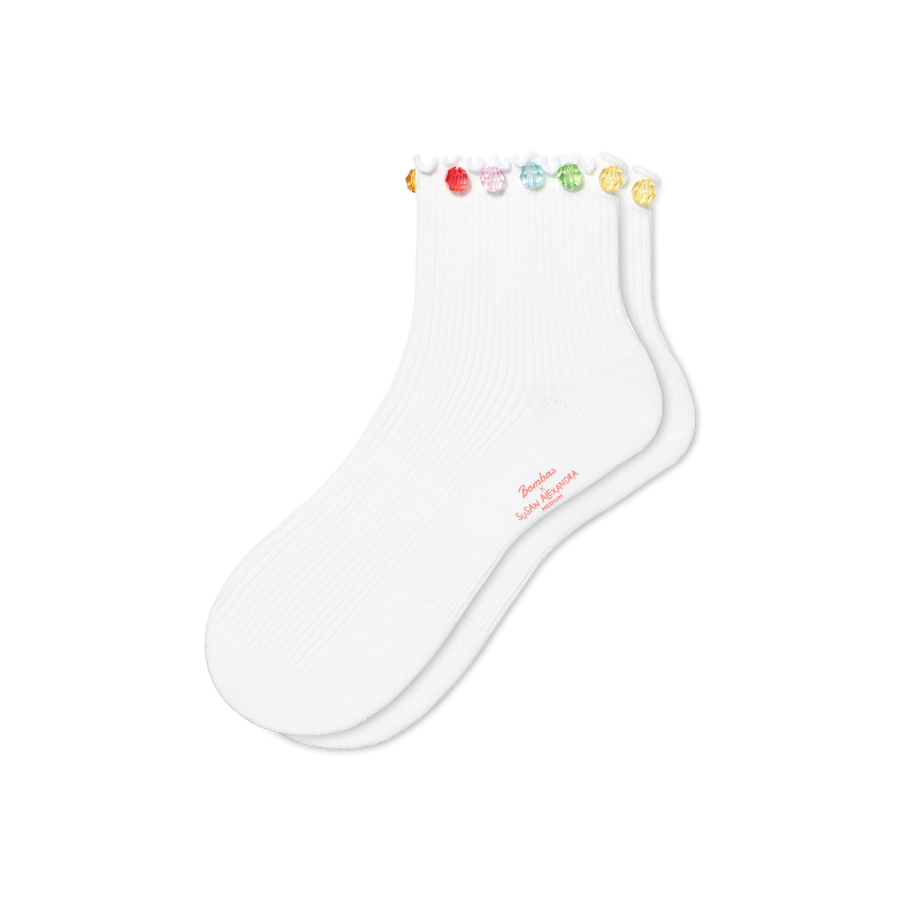 Bombas x Susan Alexandra Embellished Ruffle Rib Quarter Socks - Soft Crew Comfort