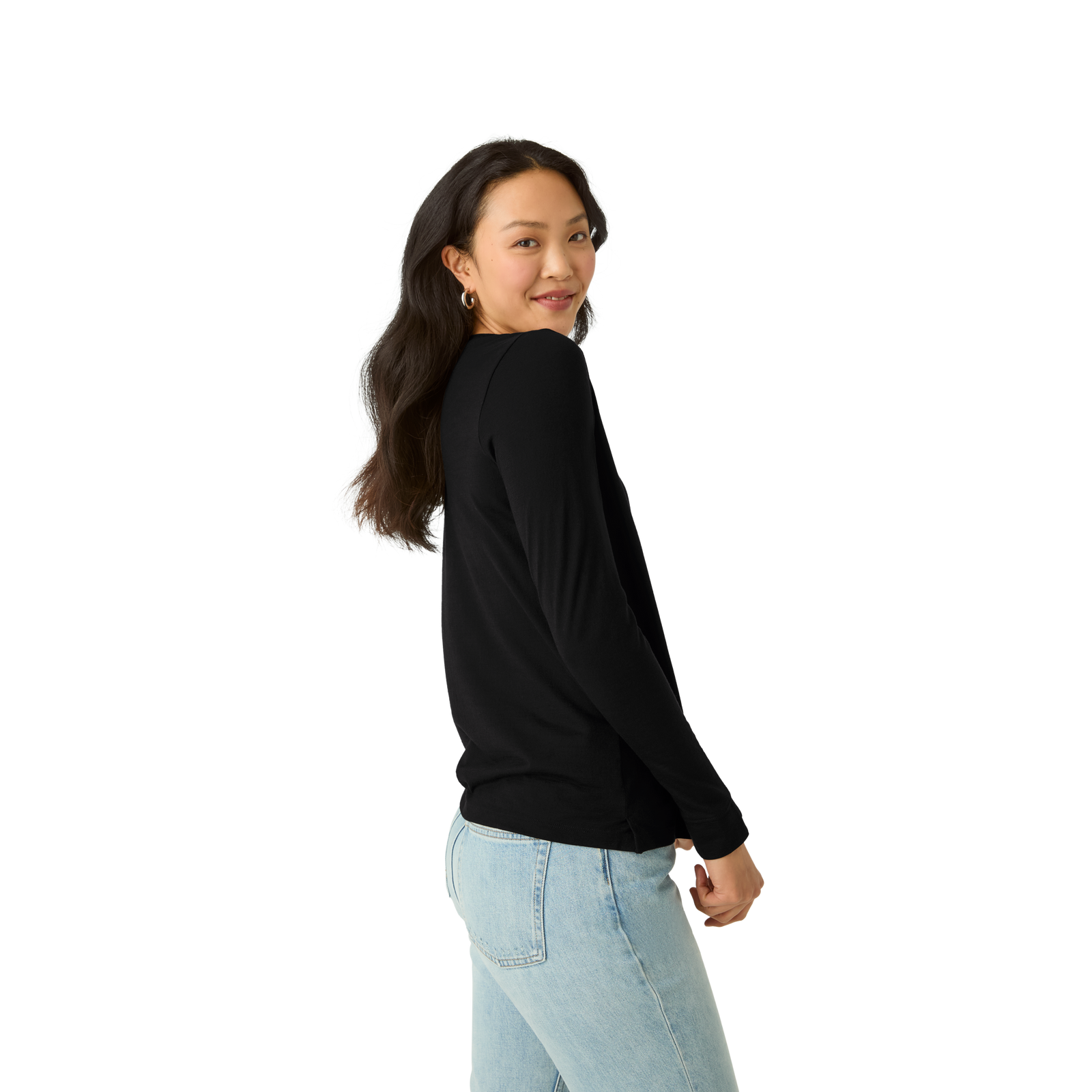 Merino Wool Blend Crew Neck Long Sleeve T-Shirt - Black WO2 [7056]