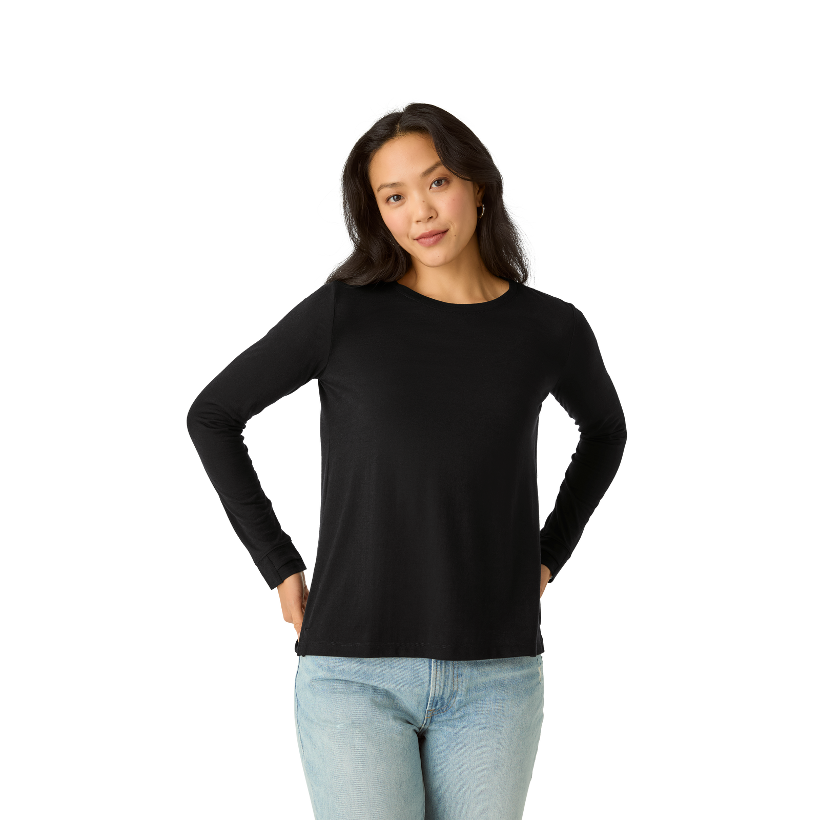 Merino Wool Blend Crew Neck Long Sleeve T-Shirt - Black WO4 [7056]