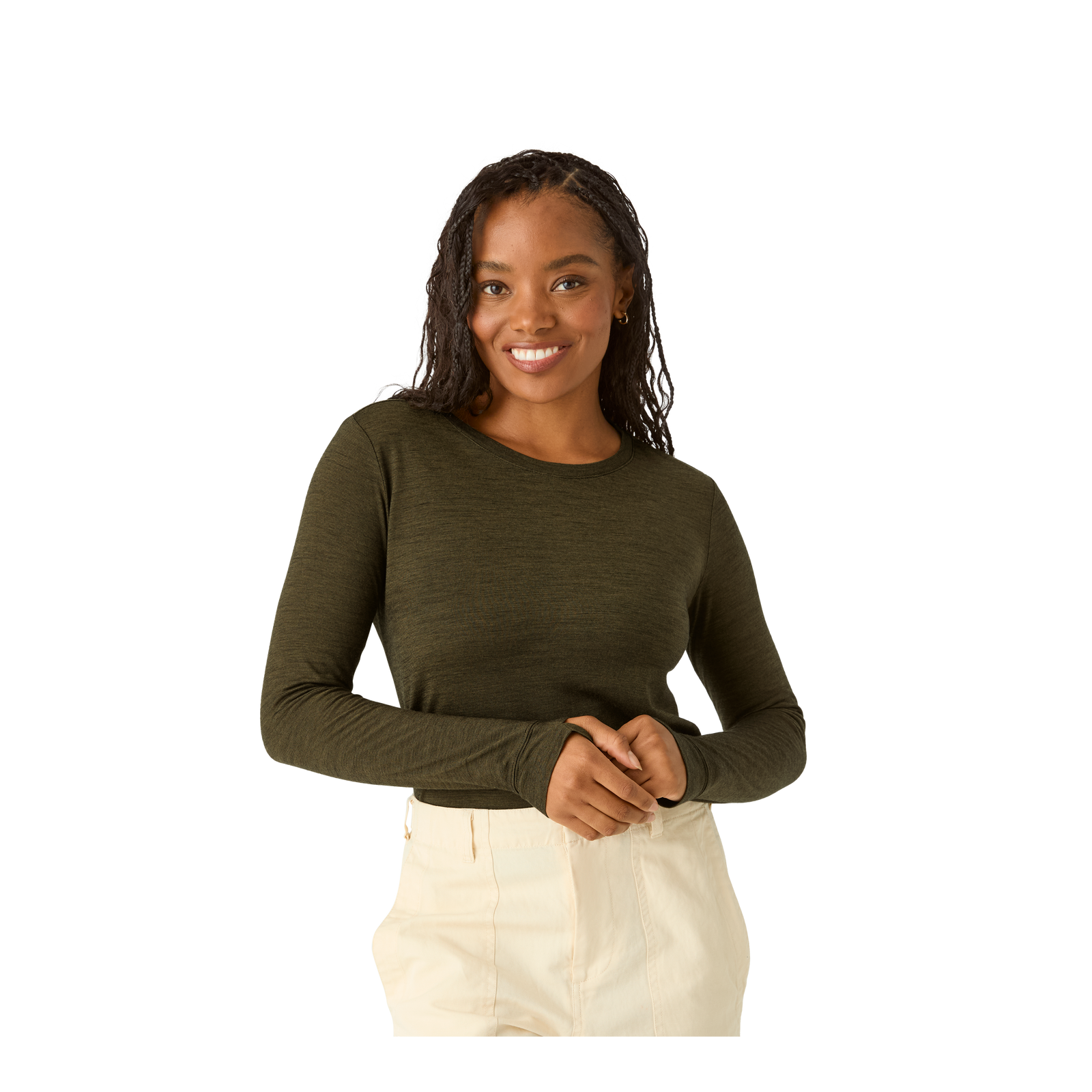 Merino Wool Blend Crew Neck Long Sleeve T-Shirt - Green Olive WO1 [7056]